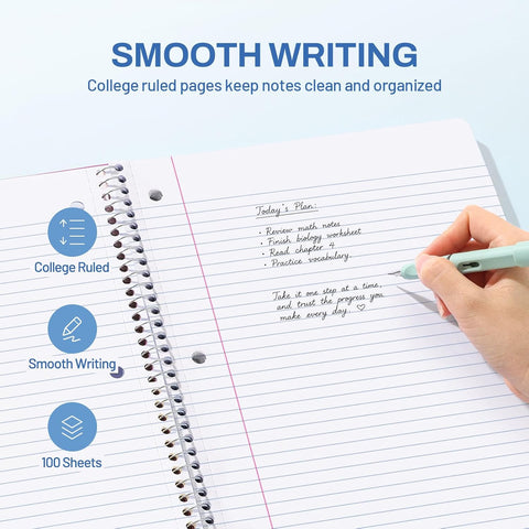 SUNEE Spiral Notebook, 1-Subject, College Ruled Paper, 8" x 10-1/2", 100 Sheets per Notebook, 3-Hole Punched Paper, Water Resistant Cover, Double-sided Pockets, Grey Blue