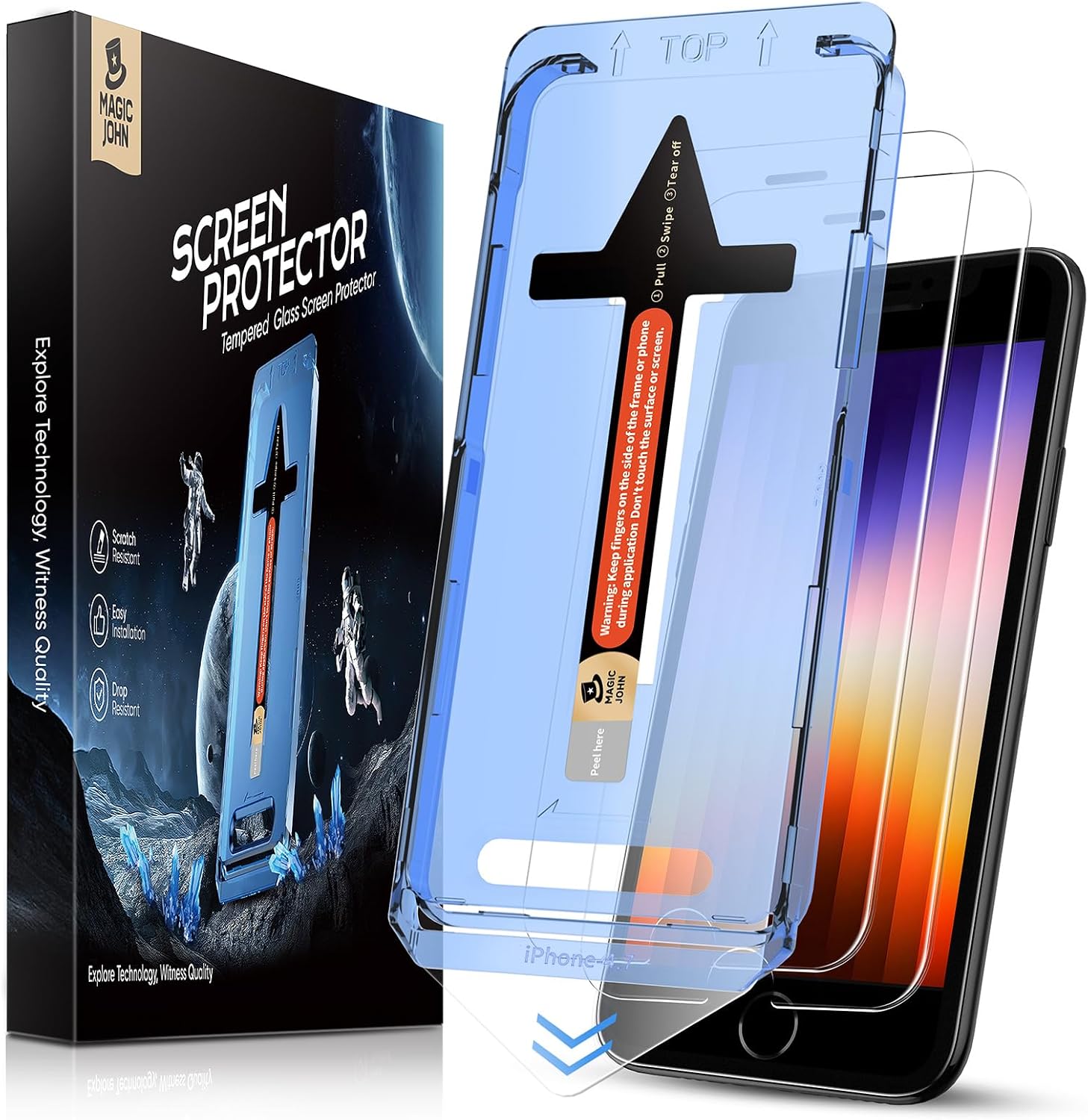 MAGIC JOHN 2 Pack Screen Protector for iPhone SE 3/SE 2 (2022/2020 Edition), iPhone7/8/6 Tempered Glass, Auto Dust-Elimination, Bubble Free, Easy Installation