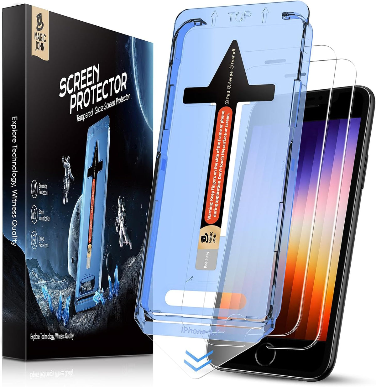 MAGIC JOHN 2 Pack Screen Protector for iPhone SE 3/SE 2 (2022/2020 Edition), iPhone7/8/6 Tempered Glass, Auto Dust-Elimination, Bubble Free, Easy Installation