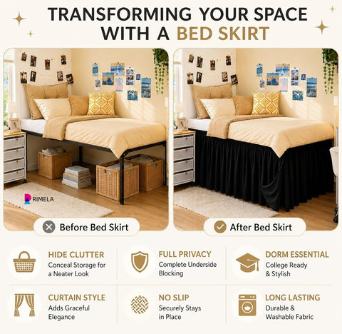 Dorm Room Bed Skirt Twin XL 22" Drop, College Split Corner Bedskirt, Black