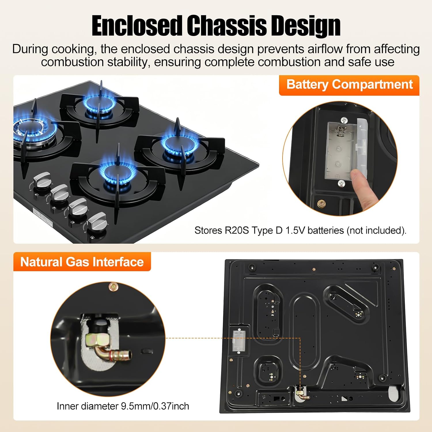 4 Burner Gas Cooktops, Built-in Countertop Gas Stove NG/LPG Tempered Glass Electronic Ignition Hob with Tempered Glass Panel for Home Kitchens, Restaurants，RV and Outdoor Use