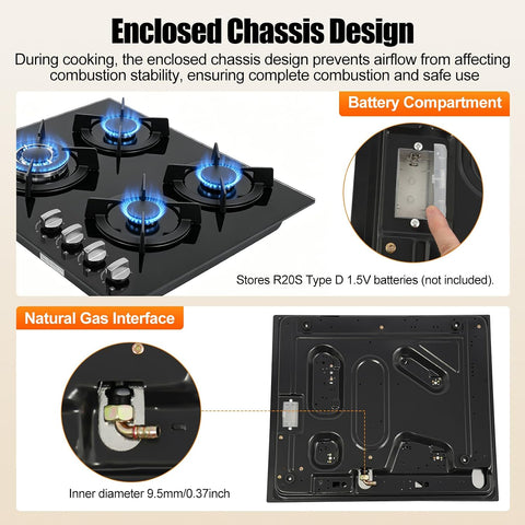 4 Burner Gas Cooktops, Built-in Countertop Gas Stove NG/LPG Tempered Glass Electronic Ignition Hob with Tempered Glass Panel for Home Kitchens, Restaurants，RV and Outdoor Use