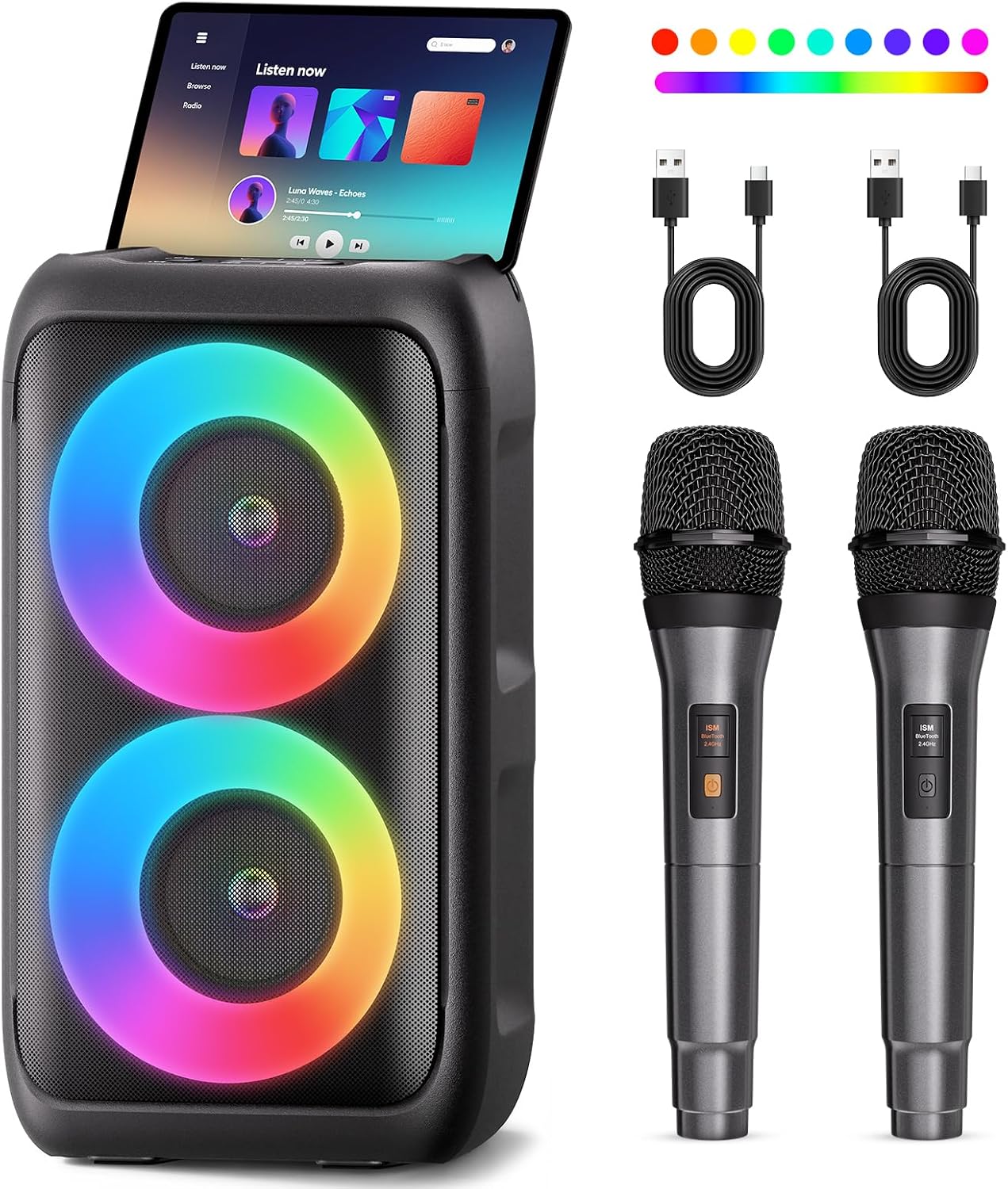 Bluetooth Speaker with 2 Wireless Microphones - Big Party Speaker for Adults Kids Karaoke with Lights - Portable Rechargeable Floorstanding Speakers Support TWS/AUX/USB/TF Card for Home Party Gift