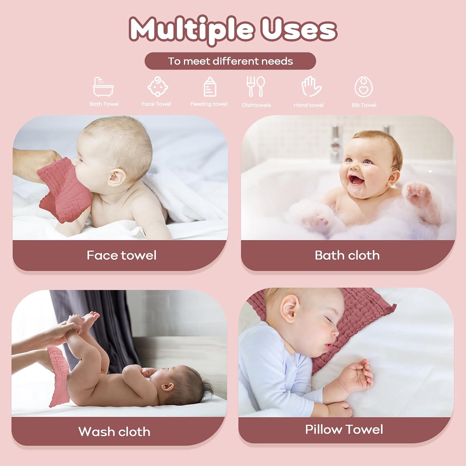 Yoofoss Muslin Baby Washcloths 100% Organic Cotton Face Towels 10 Pack Wash Cloths for Baby 12x12in Soft and Absorbent Baby Wipes (Gradient Pink)