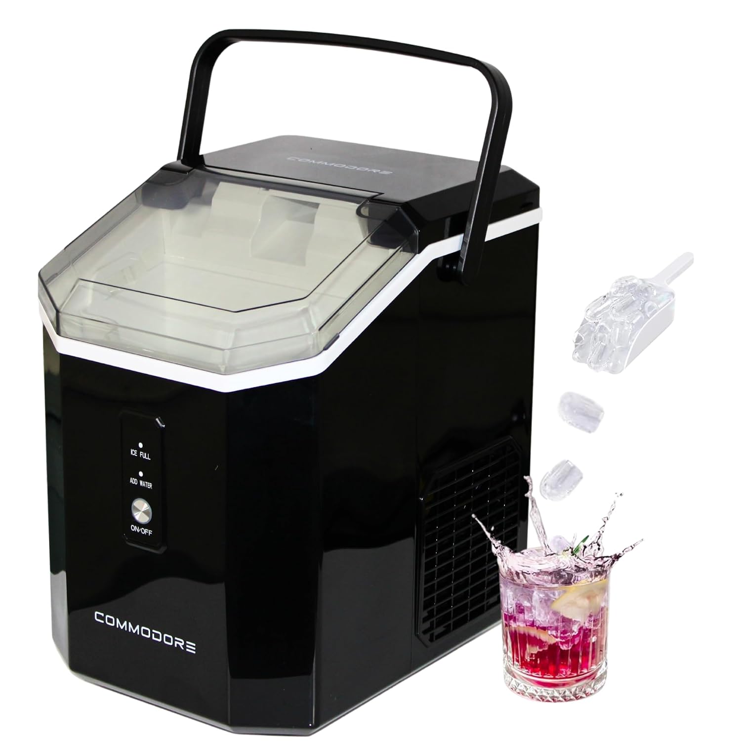 COMMODORE Bullet Ice Maker for Countertop - 28 lbs/Day, High Storage Capacity, Compact & Portable with Carrying Handle, Self-Cleaning Mode, Quiet, Easy Drainage, ETL Certified, Scooper Included