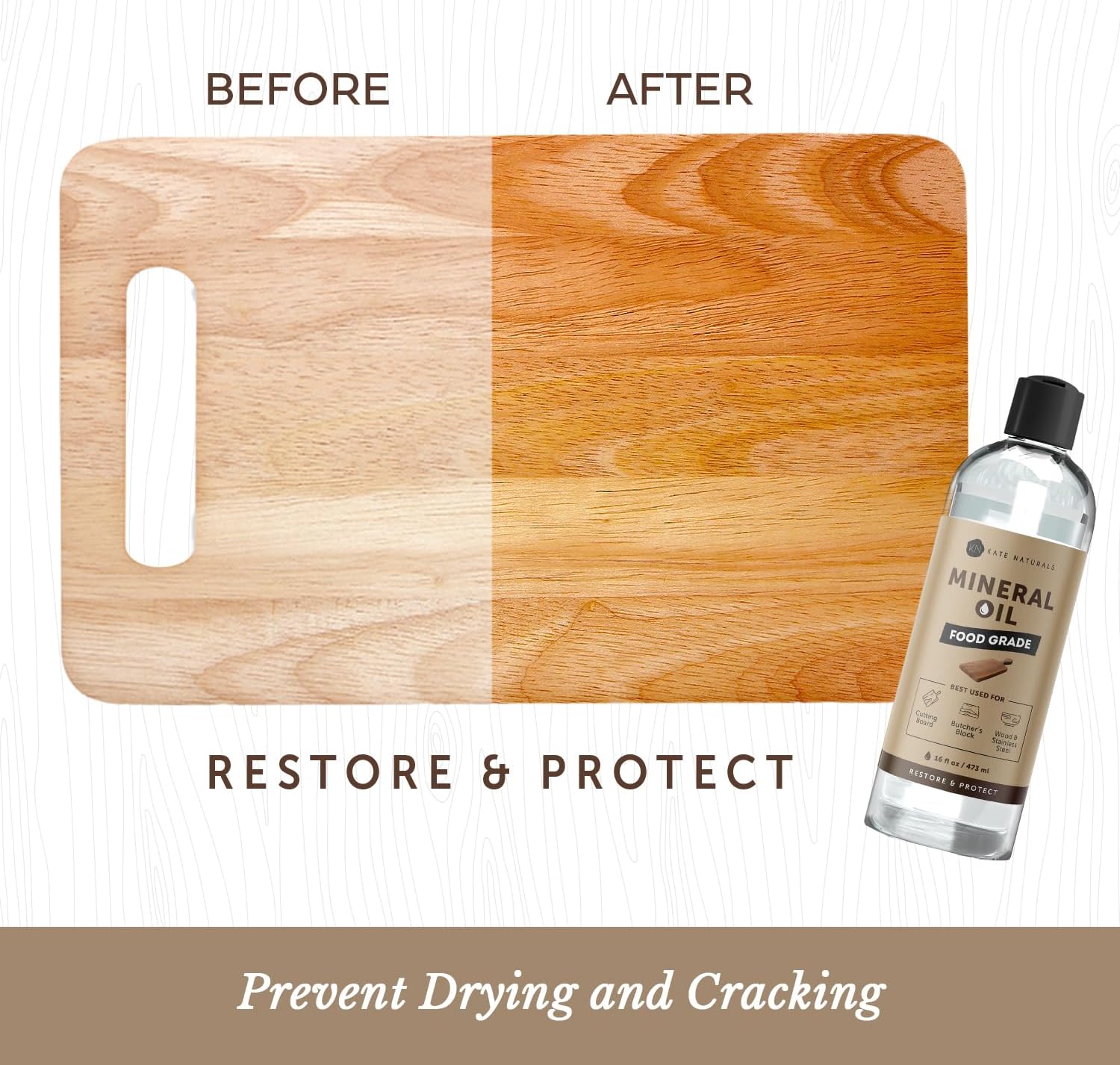 Kate Naturals Mineral Oil for Wood Cutting Board, Food Grade, Odorless, 8oz