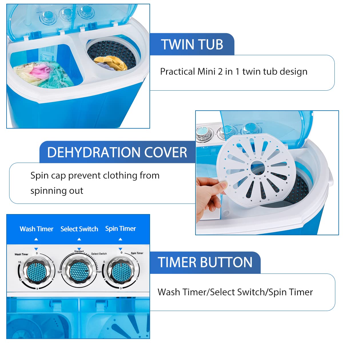 ZenStyle Portable Washer Compact Twin Tub 9.9 LB Mini Top Load Washing Machine Washer/Spinner w/ 6.57 FT Inlet Hose