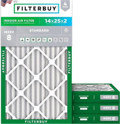 Filterbuy 14x25x2 Air Filter MERV 8 Dust & Allergy Defense (4-Pack)