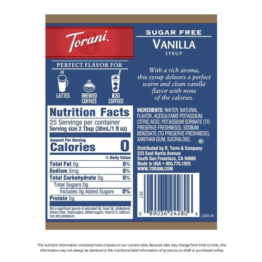 Torani Sugar Free Vanilla Flavored Drink Syrup, 25.4 fl oz, 4 Pack