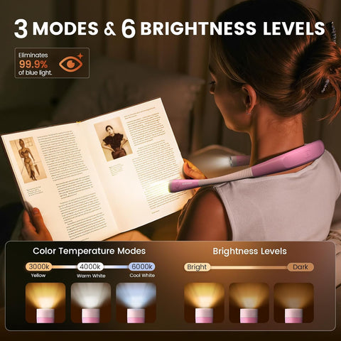 Glocusent Reading Light,Pink Neck Light,80-hr Rechargeable Book Light