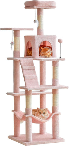 MWPO 63.8-Inch Pink Cat Tree for Indoor Cats, Multi-Level Cat Tower with Sisal-Covered Scratching Posts, Padded Platform, Hammock, Dangling Toys, Stable Cat Condo Pet Play House