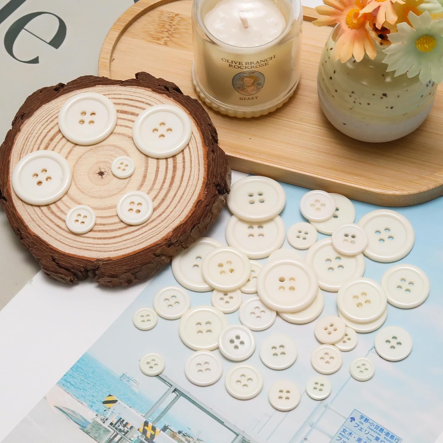 Lilaly 100 pcs Beige Buttons for Crafts, 5 Sizes Mixed Round Sewing Buttons for Clothes, Suitable for for DIY Crafts, Coats, Shirts, Pants, Shorts
