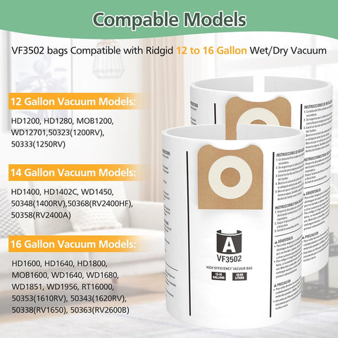 12 Pack 23743 VF3502 Vacuum Bags for Ridgid 12 to 16 Gallon Wet Dry Vacuums