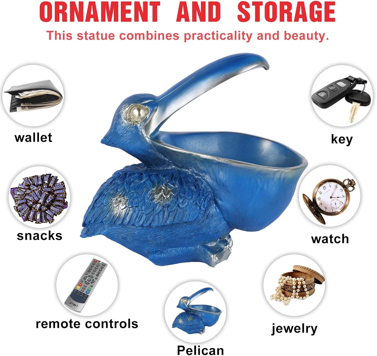 Pelican Key Holder Statues,Fun Animal Hippo Candy Dish,Candy Dish for Office Desk Unique,Modern Key Holder for Pelican Figurine,Suitability Desk bowl and Entry Table Decor Items (Blue)