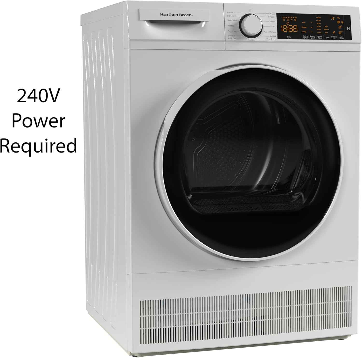 Hamilton Beach Electric Fullsize Ventless Laundry Clothes Dryer, 4 cu. ft. Capacity, with Stainless Steel Tub, Easy Control, 4 Automatic Drying Modes, Apartments, Houses, 24-Inch Width, White
