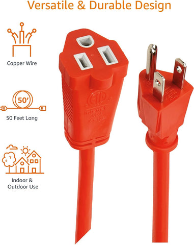 Amazon Basics 50-Foot 3-Prong Indoor/Outdoor Extension Cord, Heavy-Duty, 13 Amps, 1625 Watts, 125 VAC, Orange
