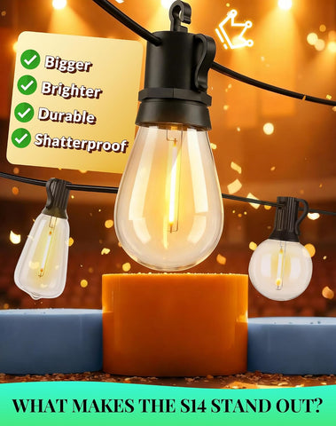 Outdoor String Lights Patio Light - 100Ft Outside Waterproof Dimmable Bulbs