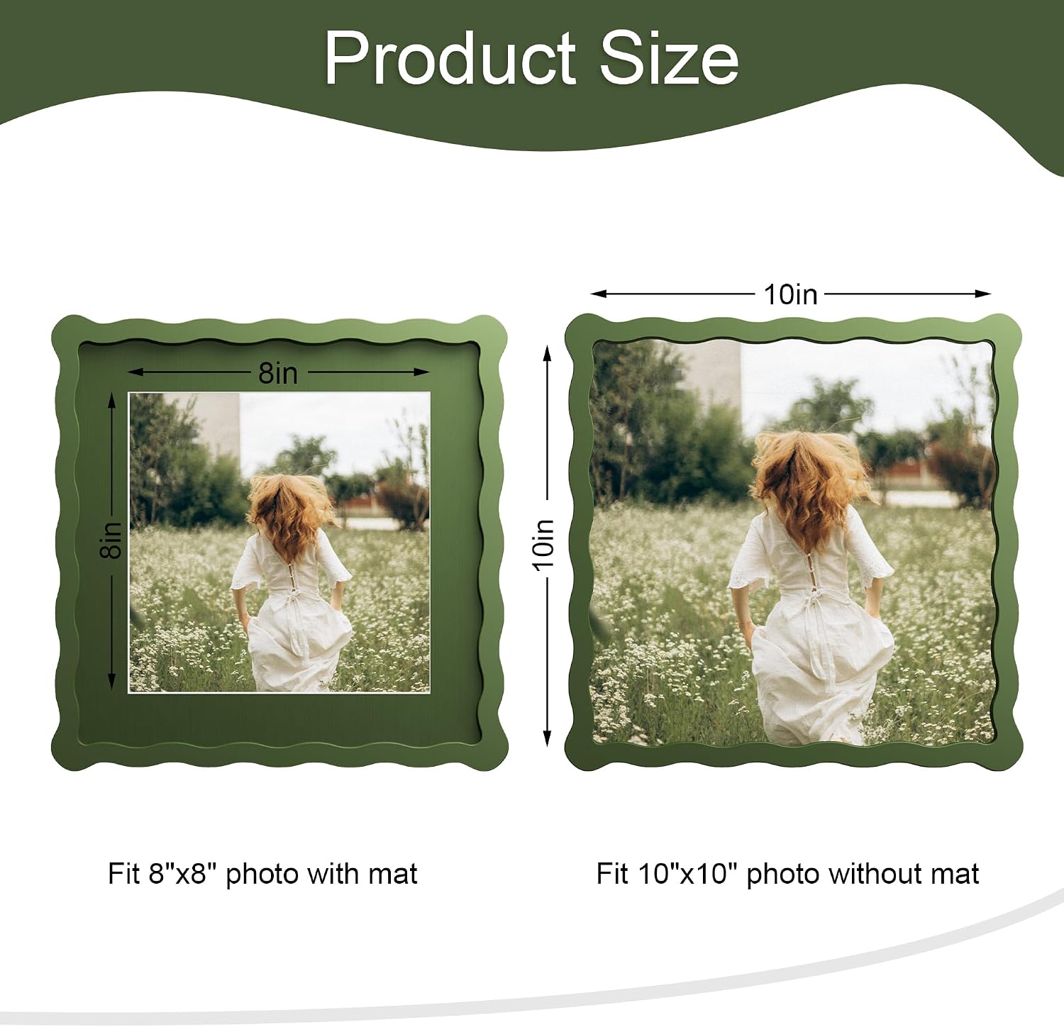 10x10 Picture Frame with Mat for 8x8, Wavy Edge Wooden Real Glass Photo Frame for Tabletop and Wall Hanging, Green, 1 Pack