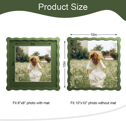 10x10 Picture Frame with Mat for 8x8, Wavy Edge Wooden Real Glass Photo Frame for Tabletop and Wall Hanging, Green, 1 Pack