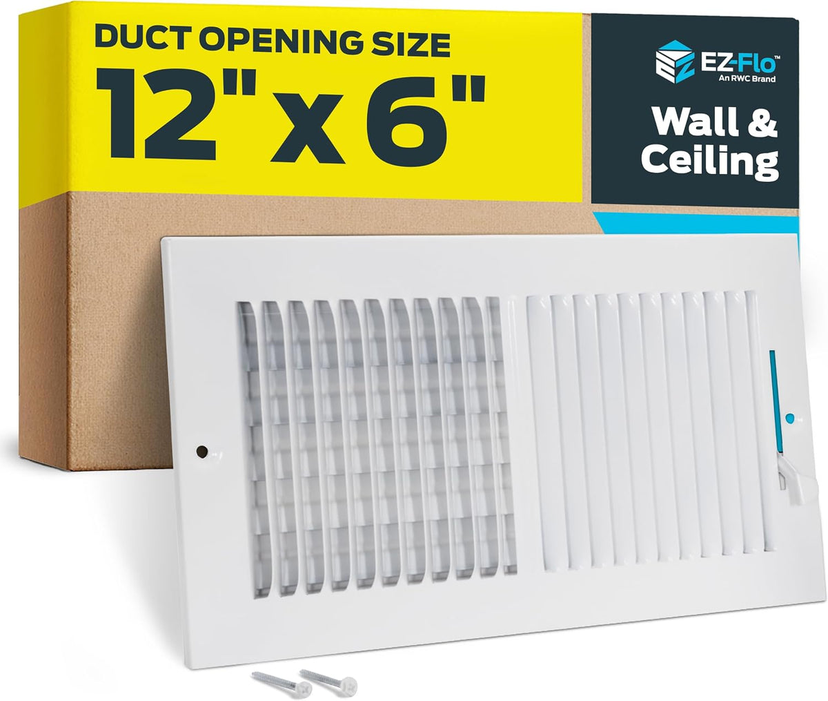 EZ-FLO 12 x 6 Inch (Duct Opening) Air Vent Cover for Wall or Ceiling, Two-Way Ventilation Register, Solid Steel HVAC Register Cover, White, 61612