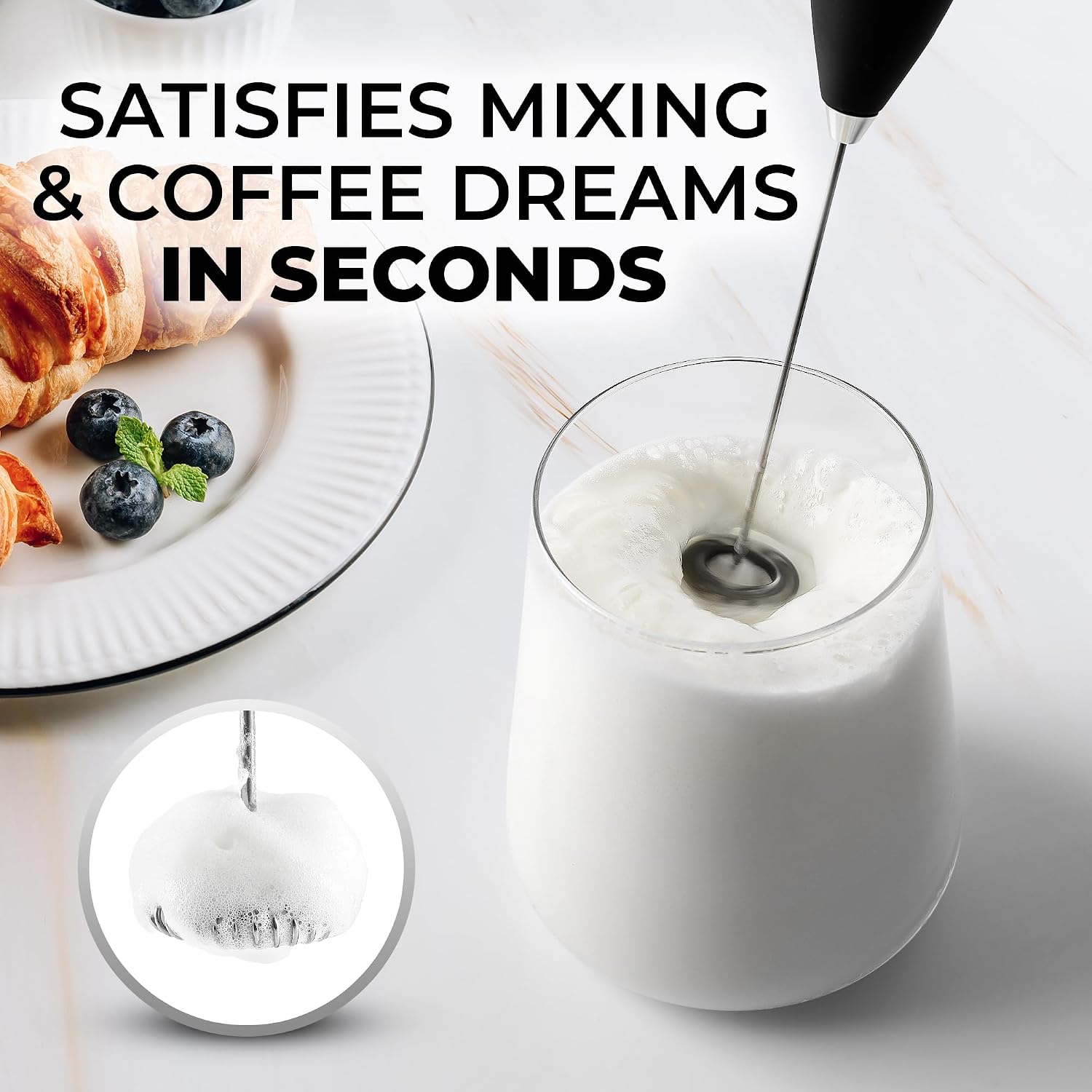 Zulay Kitchen Milk Frother Handheld Electric Whisk – Frother Wand, Durable Drink Mixer, Coffee Frother, Hand Blender, Frother for Protein Powder, Matcha & More - Black