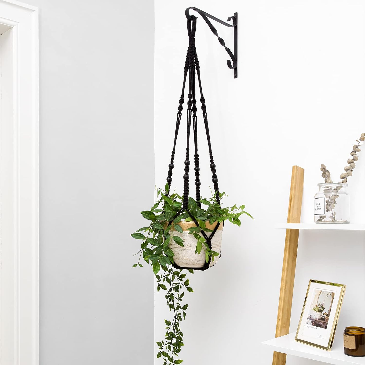 Mkono Macrame Plant Hanger Indoor 35 Inch Hanging Planter Basket Black 1Pc