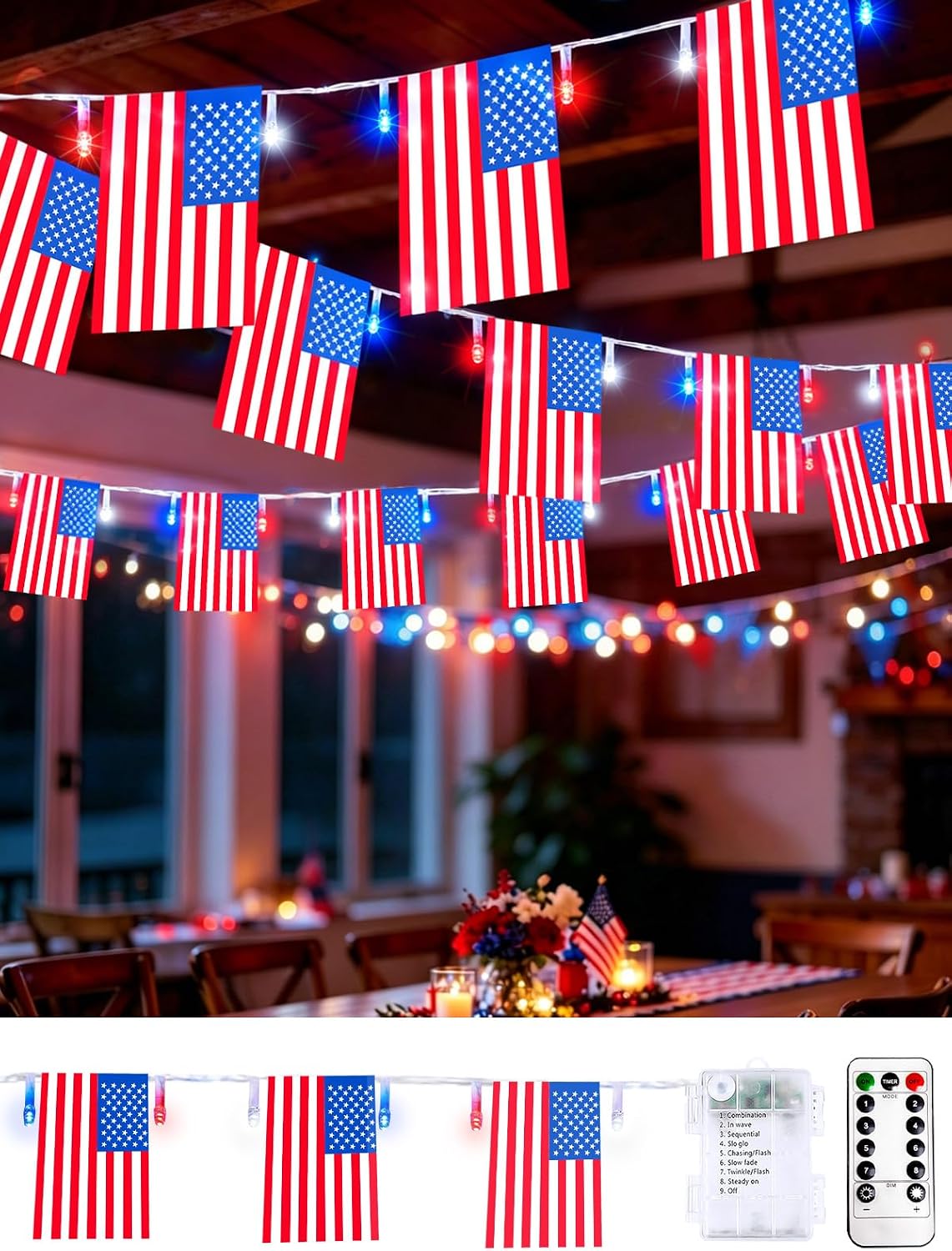 4th of July Lights 24FT Red White Blue Flag LED String Lights with Remote