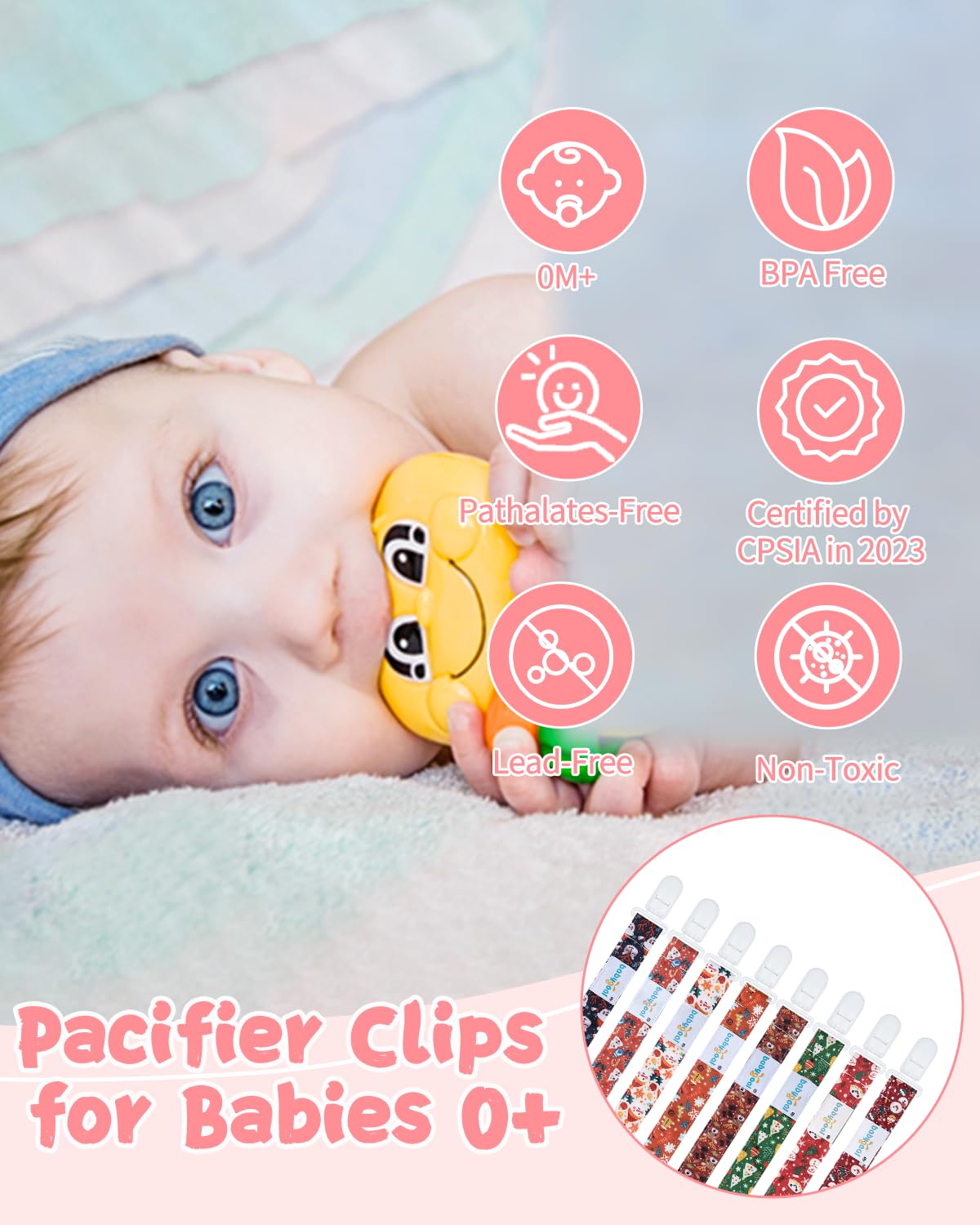 babygoal Baby Christmas Pacifier Clips 8 Pack, Pacifier Holder Clips Fits for Most Pacifier and Binkies 8PS38-B