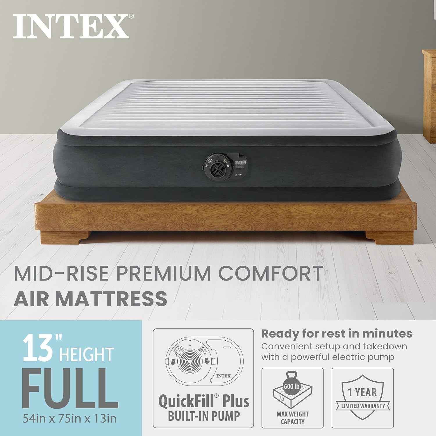 INTEX Dura-Beam Deluxe Mid-Rise 13" Full Size Air Mattress w/ Built-in Pump
