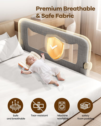 Foldable Bed Rail for Toddlers, 47in Reinforced Carbon Steel Frame&Connectors, Breathable Cationic Fabric, Safety Toddler Bed Rails for Queen, King, Twin, Full, No-Tool Setup.