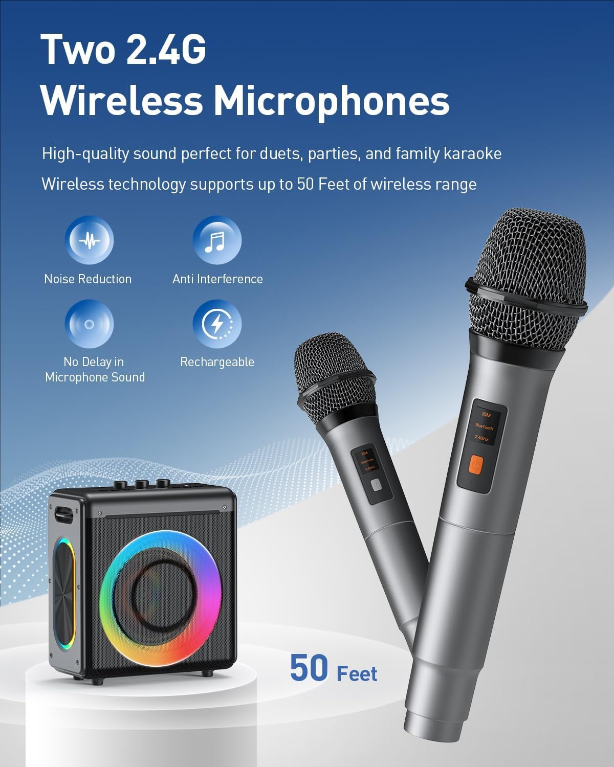 Karaoke Machine, 2 Wireless Rechargeable Microphones, 200W Speaker