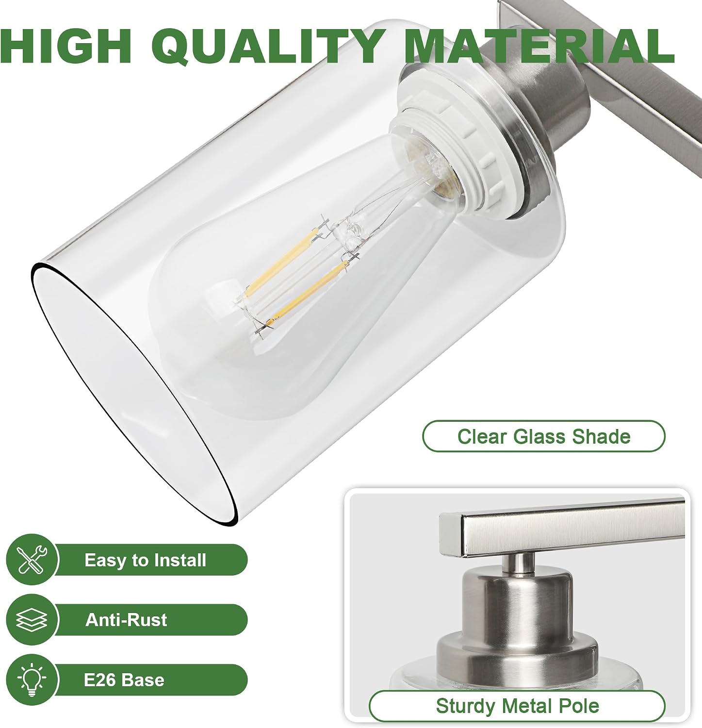 Ascher Bathroom Light Fixtures, 4-Light Vanity Lights with Clear Glass Shade, Modern Brushed Nickel Wall Light for Mirror Bedroom Hallway Cabinet Porch