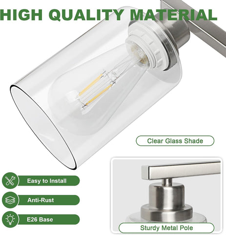 Ascher Bathroom Light Fixtures, 4-Light Vanity Lights with Clear Glass Shade, Modern Brushed Nickel Wall Light for Mirror Bedroom Hallway Cabinet Porch