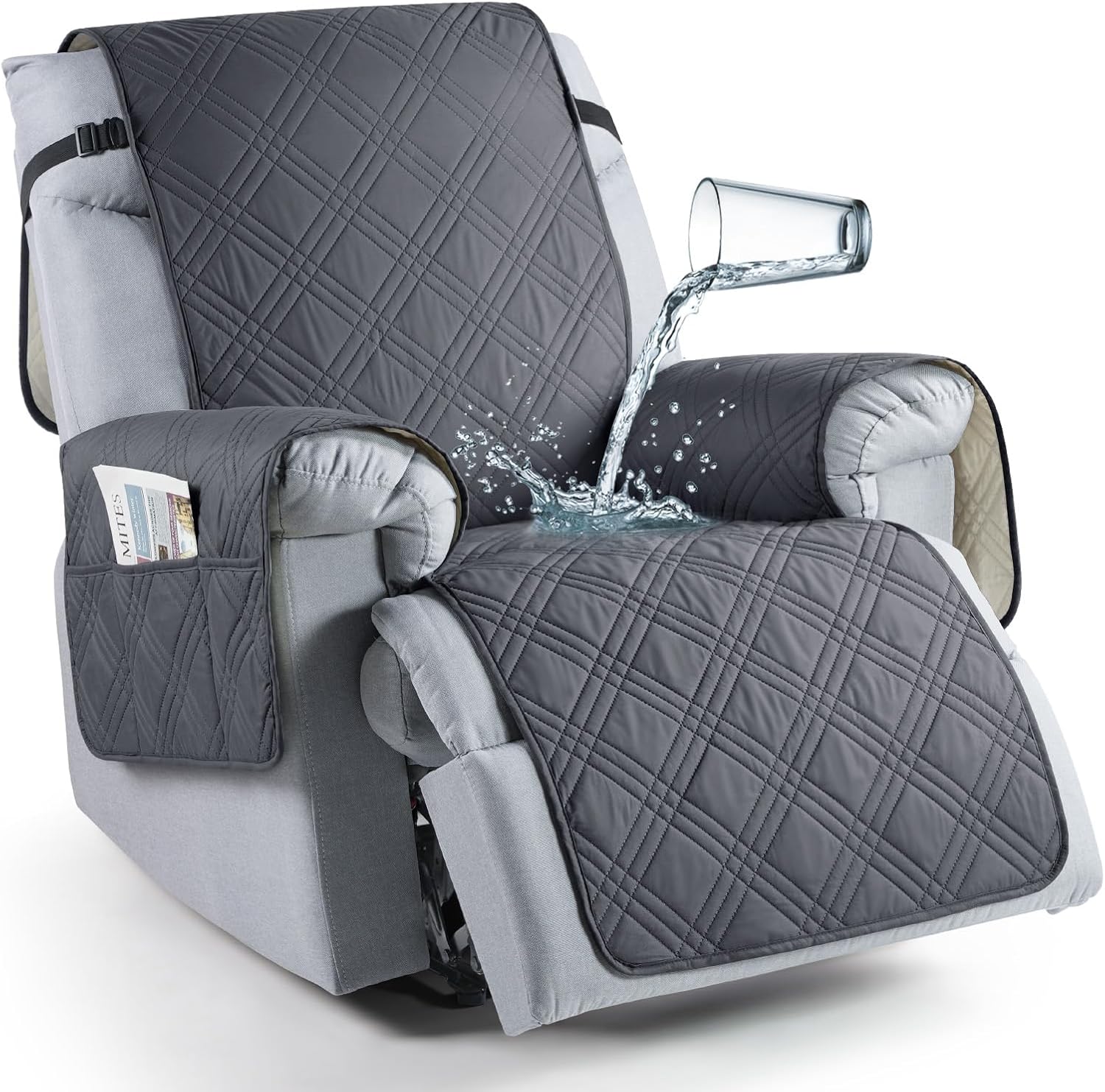 TAOCOCO Waterproof Recliner Chair Covers 30 Inch Wide, Oversized Recliner Covers for Recliner Chair with Pocket, Recliner Slipcovers with Straps Furniture Protector for Kids Pets (30'', Dark Grey)