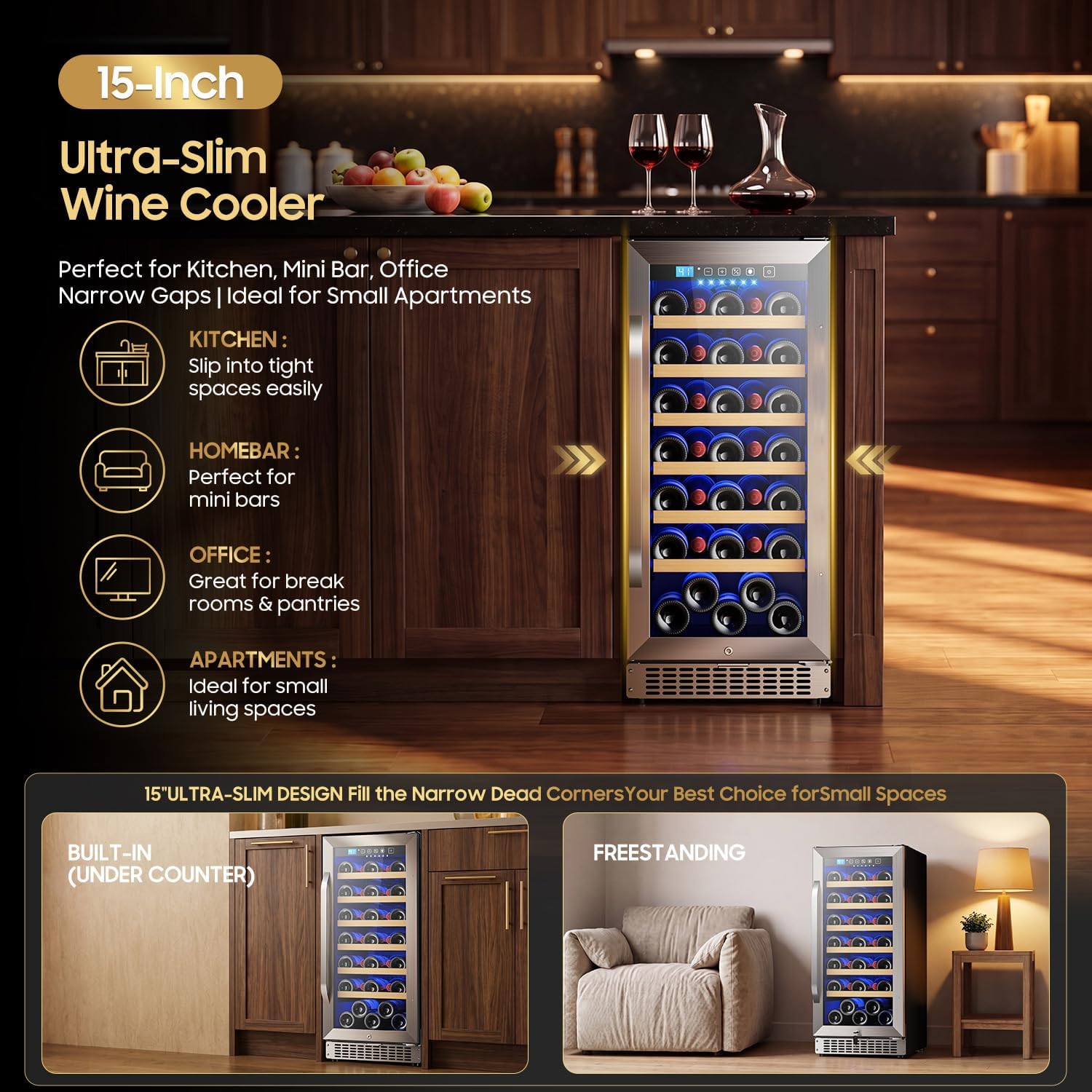 15In Wine Fridge Small, 35Bottle Wine Cooler Refrigerator Under Counter