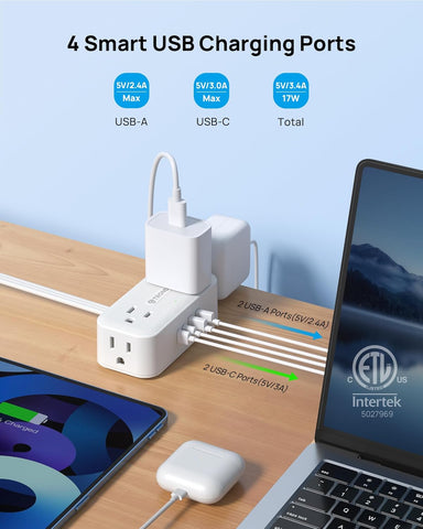 TROND 360° Rotating Flat Plug Power Strip 10ft, 4 Widely AC Outlets, White