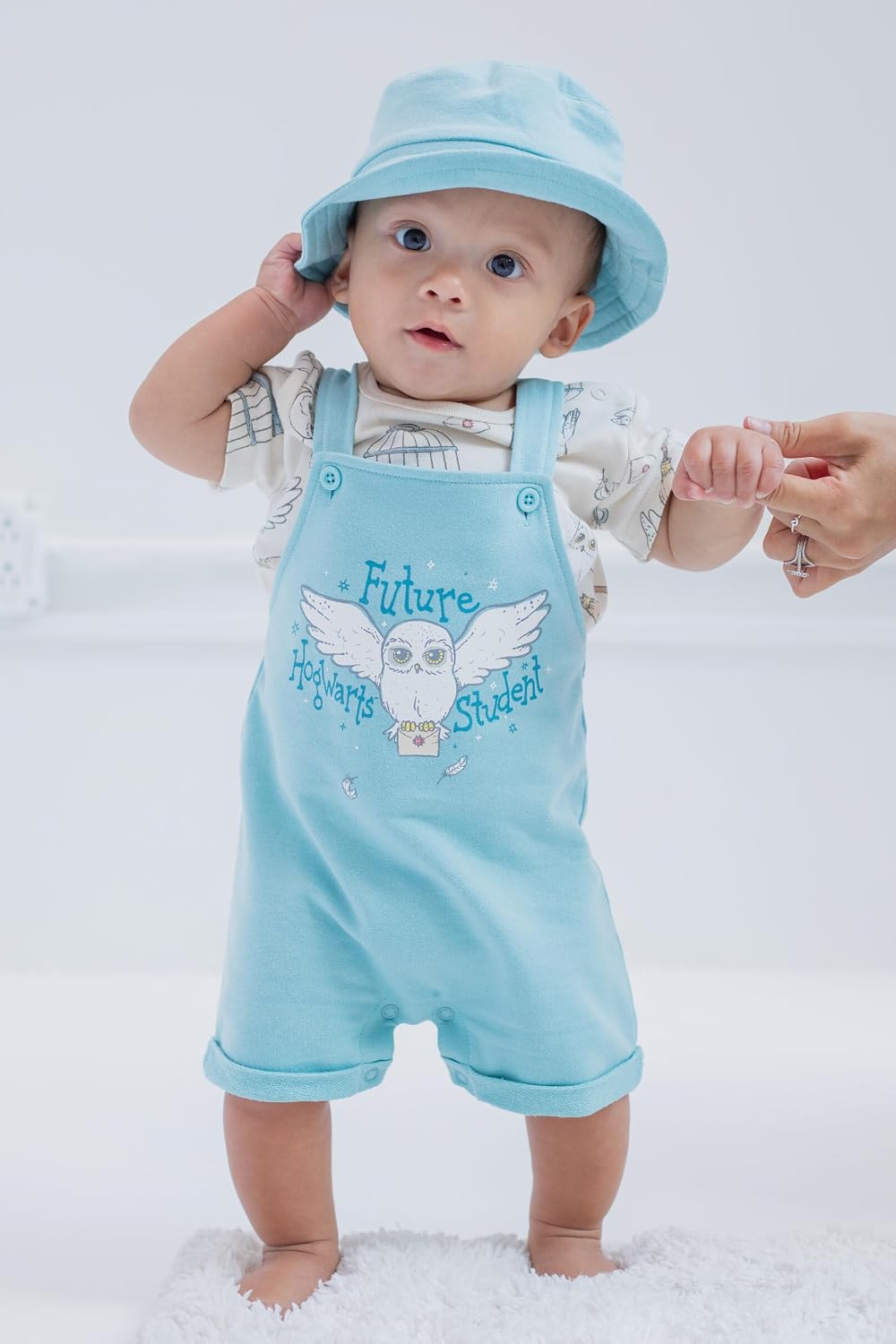 Harry Potter Hermione Hedwig Ron Weasley Baby French Terry Short Overalls T-Shirt & Hat 3 Piece Outfit Newborn to Infant