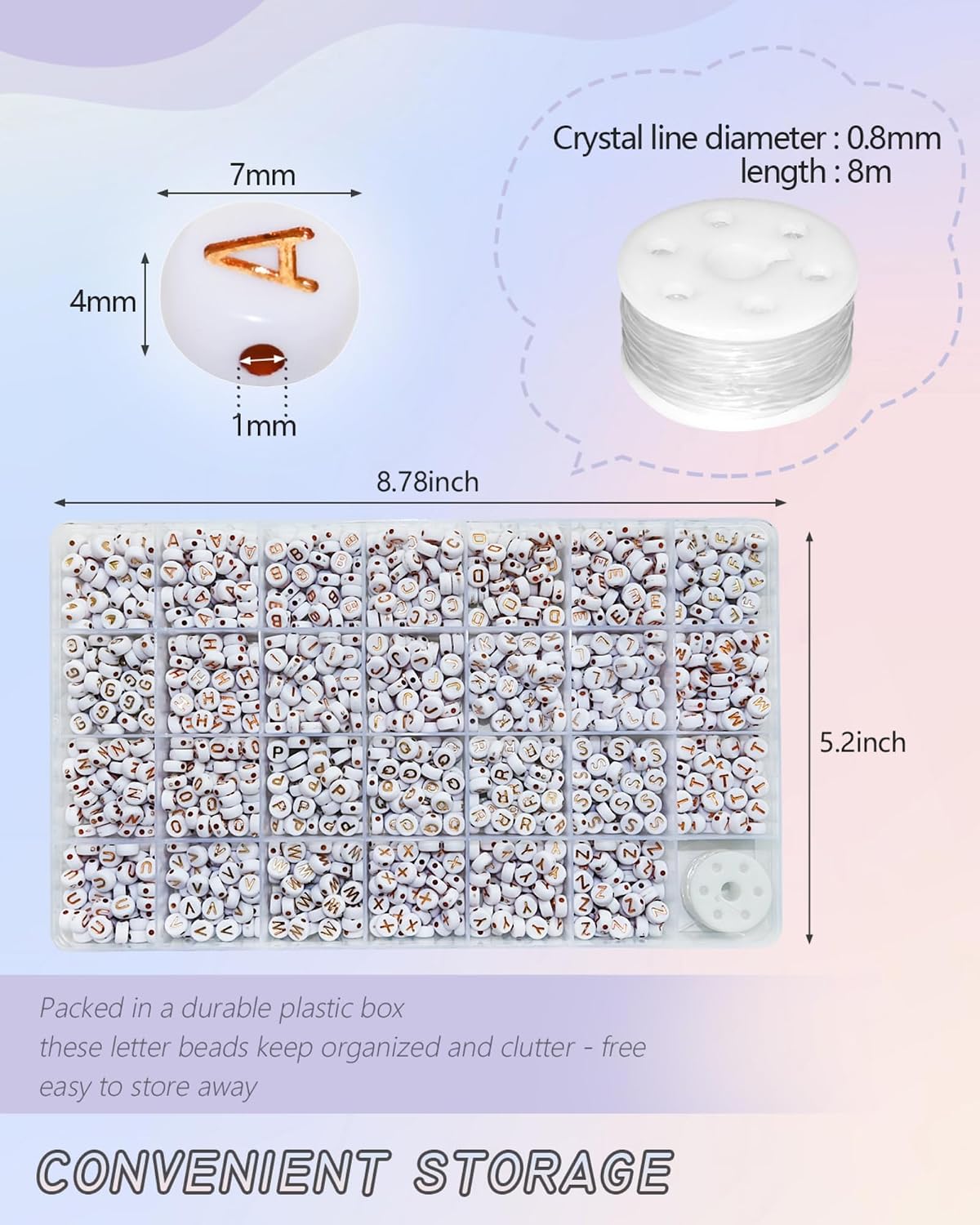 Looconi 1400pcs Rose Gold Letter Beads 4x7mm White Round Acrylic Alphabet A-Z Heart Pattern Beads and Crystal Line for Jewelry Making Bracelets Necklaces Key Chains