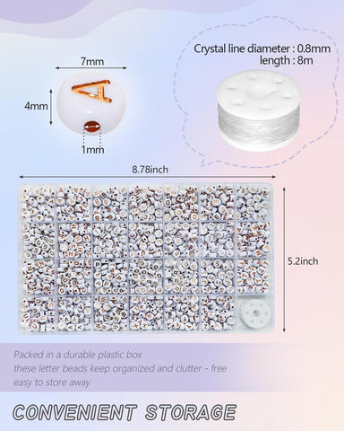Looconi 1400pcs Rose Gold Letter Beads 4x7mm White Round Acrylic Alphabet A-Z Heart Pattern Beads and Crystal Line for Jewelry Making Bracelets Necklaces Key Chains