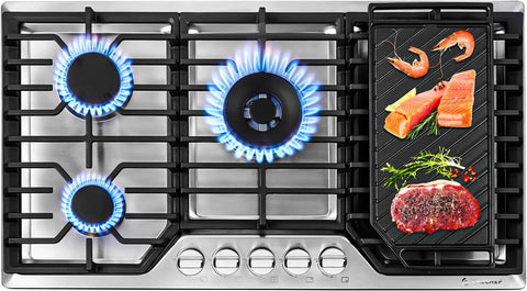 AMZCHEF 36 Inch Gas Cooktop with Griddle, 5 Italy SABAF Sealed Burners