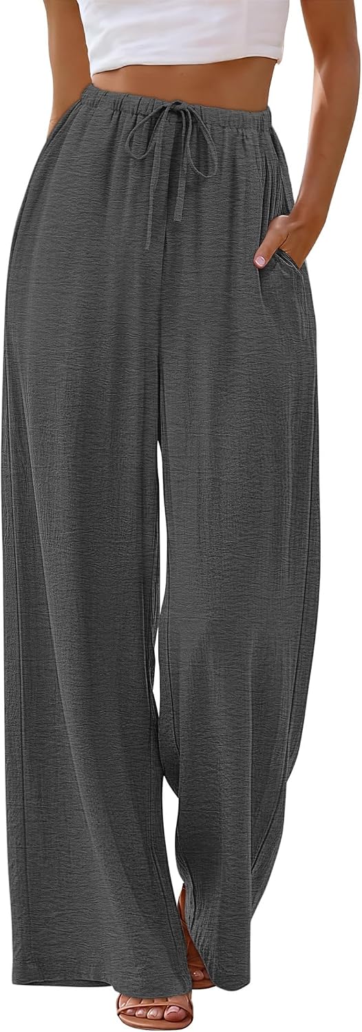 Sampeel Wide Leg Pants for Women Flowy Palazzo Drawstring Elastic Waist Trousers with Pockets Summer Beach Vacation Clothes