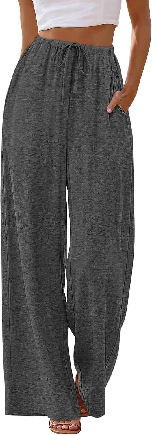 Sampeel Wide Leg Pants for Women Flowy Palazzo Drawstring Elastic Waist Trousers with Pockets Summer Beach Vacation Clothes