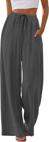 Sampeel Wide Leg Pants for Women Flowy Palazzo Drawstring Elastic Waist Trousers with Pockets Summer Beach Vacation Clothes