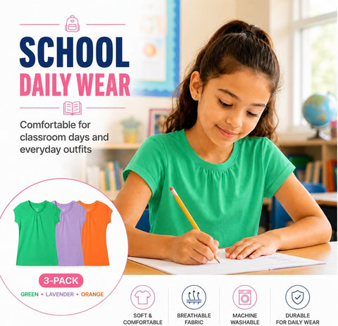 Bienzoe Plain Solid Girls T-Shirts: School Basic Tee 3-Pack