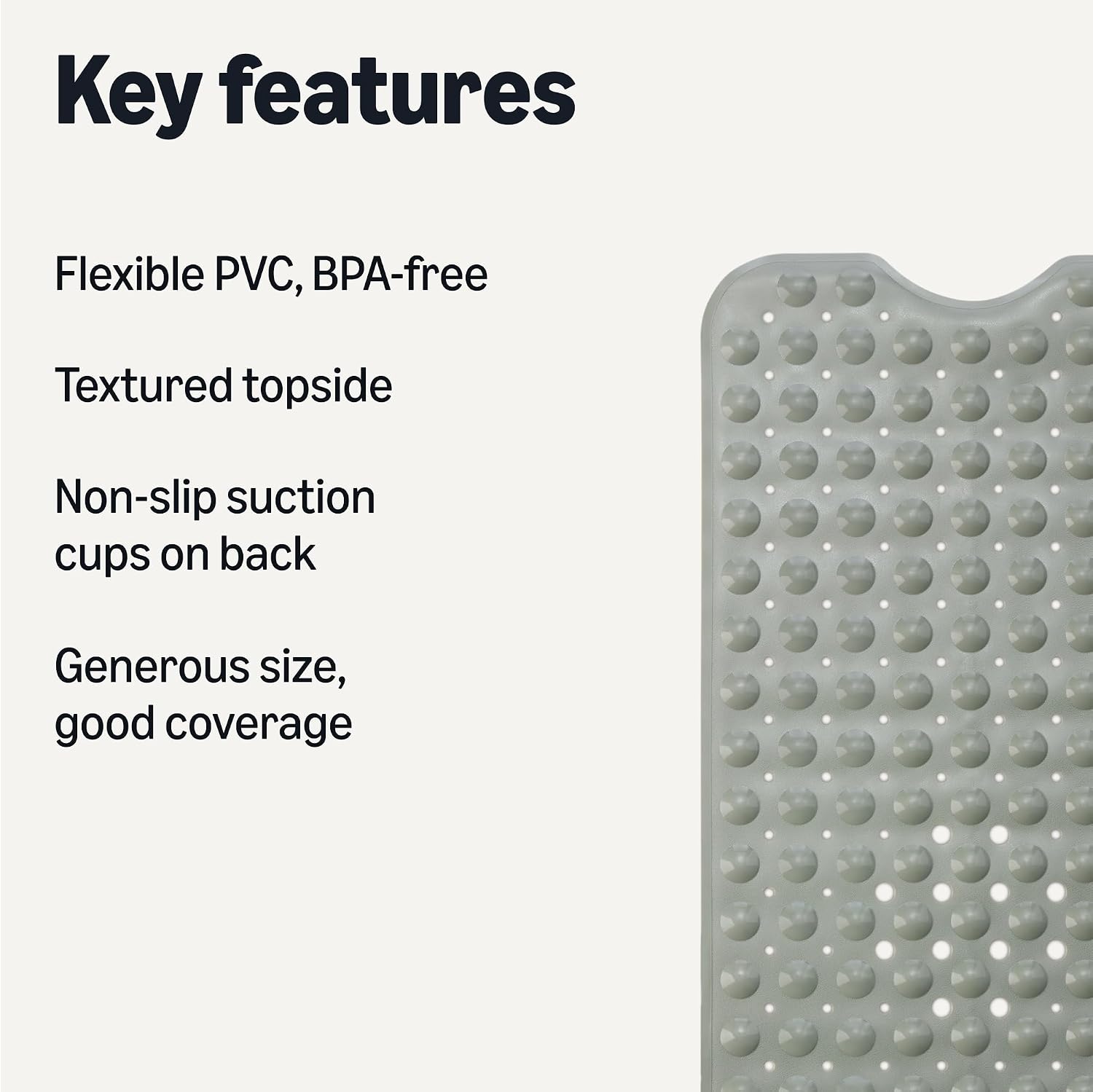 Amazon Basics Non-Slip Bath Mat with Suction Cups for Tub and Shower, Easy to Clean, 40" x 16", Grey