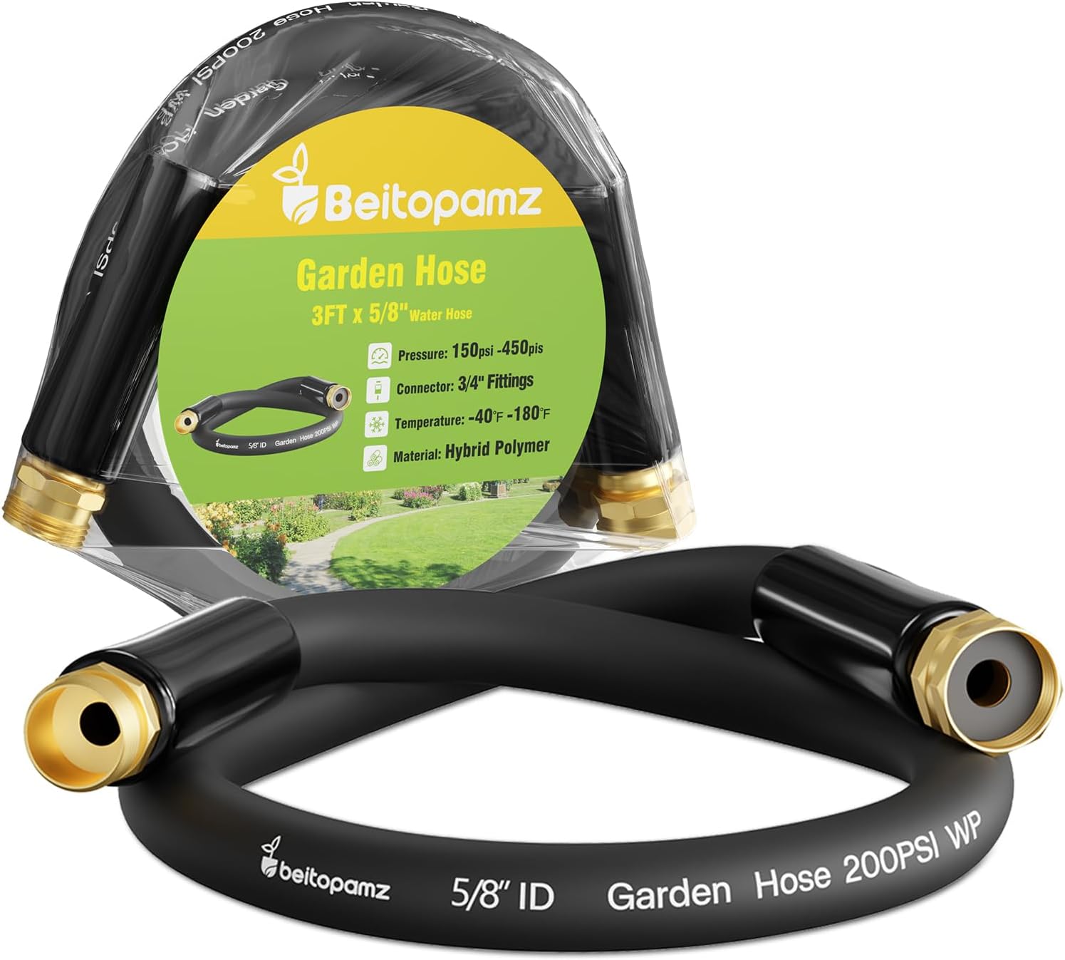 Beitopamz Short Garden Hose 3 ft x 5/8 in Male to Female Heavy Duty Small Water Hose Extender Connector, Lightweight Rubber Hybrid Leader Hose, Leak-Free Connections, 3/4'' Brass Fittings, Black