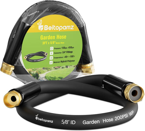 Beitopamz Short Garden Hose 3 ft x 5/8 in Male to Female Heavy Duty Small Water Hose Extender Connector, Lightweight Rubber Hybrid Leader Hose, Leak-Free Connections, 3/4'' Brass Fittings, Black