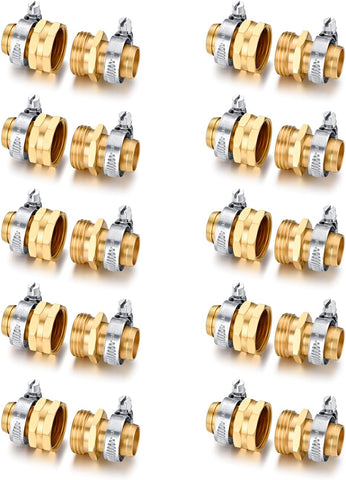 Garden Solid brass Hose Repair Connector with Clamps,Fit for Garden Hose Fitting,Male and Female Hose Fittings 10 Set (3/4"-10 Set)