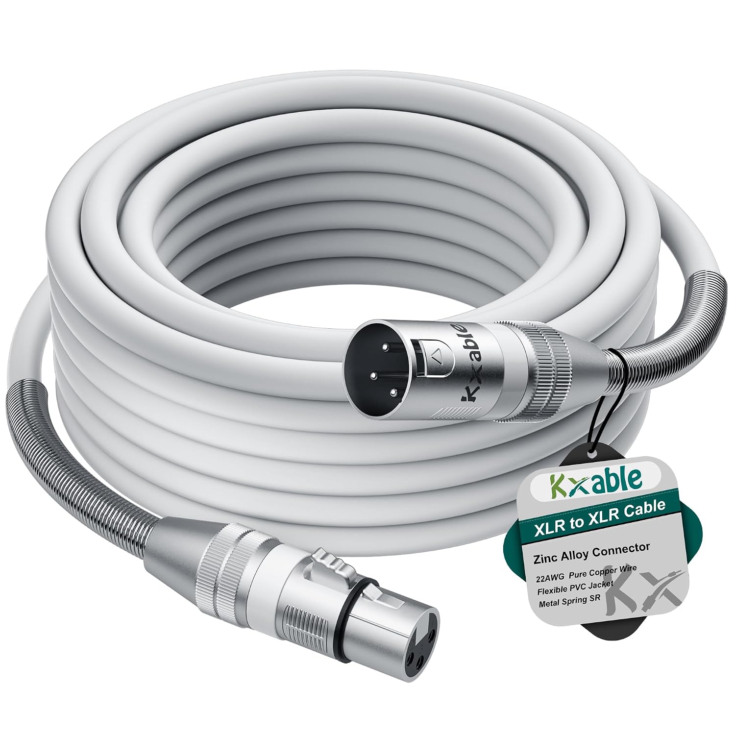 Kxable XLR Microphone Cable 10 FT, XLR Male to Female Balanced Mic Cable, 3-Pin Shielded Speaker Cord, Zinc Alloy Connectors, 22AWG Pure Copper, Metal Spring SR, Recording Studio, Podcast, White