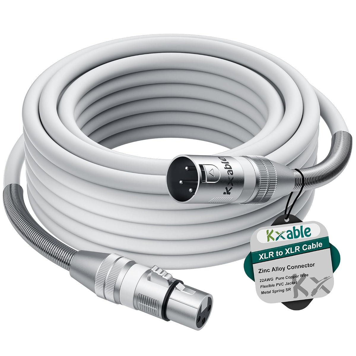 Kxable XLR Microphone Cable 10 FT, XLR Male to Female Balanced Mic Cable, 3-Pin Shielded Speaker Cord, Zinc Alloy Connectors, 22AWG Pure Copper, Metal Spring SR, Recording Studio, Podcast, White